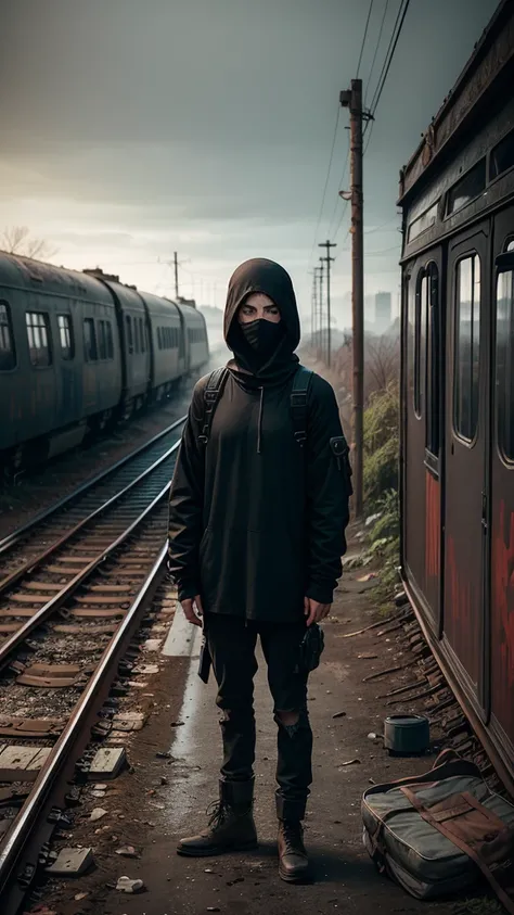 man in loose, lightweight black clothing, wearing a prominently visible balaclava, standing on an abandoned, decaying train platform, old, rusted tracks, overgrown weeds, broken benches, eerie atmosphere, sense of mystery and solitude, suspenseful mood, wi...