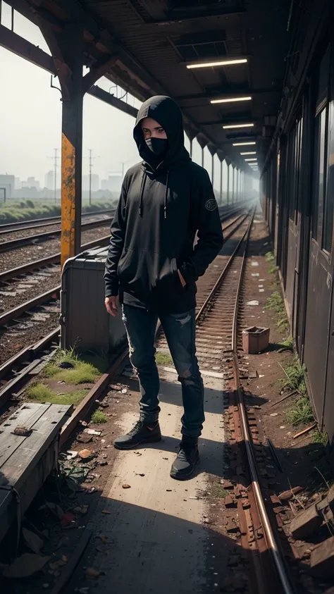 man in loose, lightweight black clothing, wearing a prominently visible balaclava, standing on an abandoned, decaying train platform, old, rusted tracks, overgrown weeds, broken benches, eerie atmosphere, sense of mystery and solitude, suspenseful mood, wi...