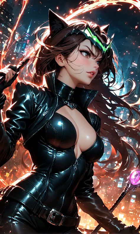 woman,Night city，wind，披wind，Black leather jacket，Catwoman，Rogue，Whip，((插画wind格))