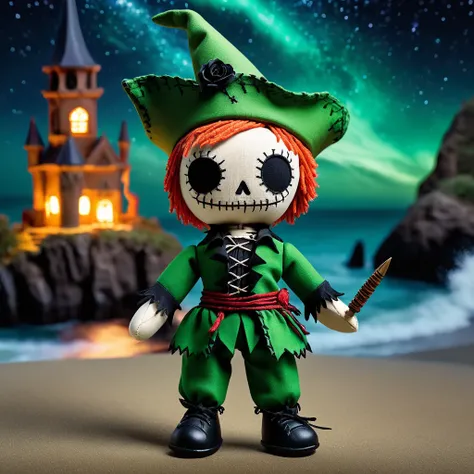 (knitted toy voodoo doll: 1.6), (Voodoo Peter Pan: 1.3), (clothes Green suit with gothic elements, black hat: 1.0), (Dark dagger, magic powder: 1.1) (against the background Flying island with shadows and starry sky: 1.3), best quality, masterpiece, detaile...