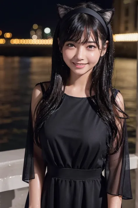 (Night in the City、Highest quality、masterpiece、High resolution))、(((Zoom photo of upper body、Wet body、Wet Hair)))、(A shy smile:1.2)、15-year-old female、Beautiful Skin、Beautiful Eyes、Large Breasts、Cat Ear Headband、Black Dress、Black Hair、Wavy Hair、Shorn bangs