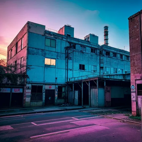 An abandoned factory in the middle of the city at midnight, estilo synthwave, hiperrealista, con un letrero que diga factory, el color principal es el aqua