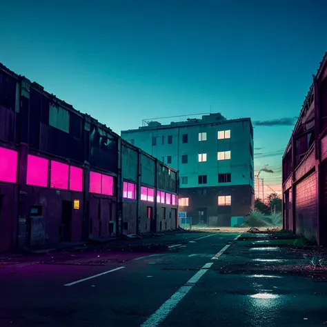 An abandoned factory in the middle of the city at midnight, estilo synthwave, hiperrealista, con un letrero que diga factory, el color principal es el aqua