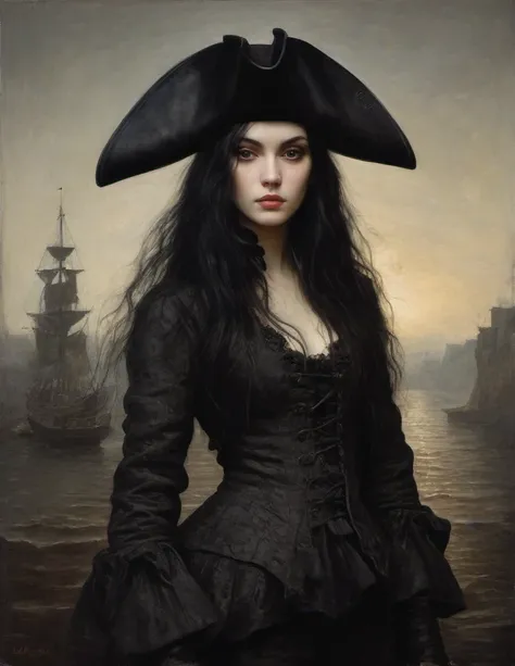 James Gurney, Surrealist art , dream-like, Mysterious, Provocative, symbolic, Complex, detailed,, (Gothic but very beautiful:1.4), (masterpiece, highest quality:1.4) , Nicola Samori Style, young girl with long black hair, gray eyes, pirate coat, tricorn