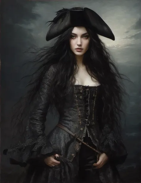 James Gurney, Surrealist art , dream-like, Mysterious, Provocative, symbolic, Complex, detailed,, (Gothic but very beautiful:1.4), (masterpiece, highest quality:1.4) , Nicola Samori Style, young girl with long black hair, gray eyes, pirate coat, tricorn