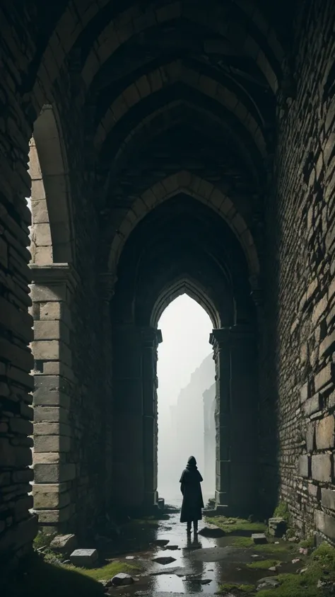 solitary figure wearing flowing lightweight black garments and a clearly visible balaclava, amidst the ruins of an old, dilapidated castle, broken stone walls and arches, moss-covered stones, foggy ambiance, aura of mystery and loneliness, suspenseful and ...