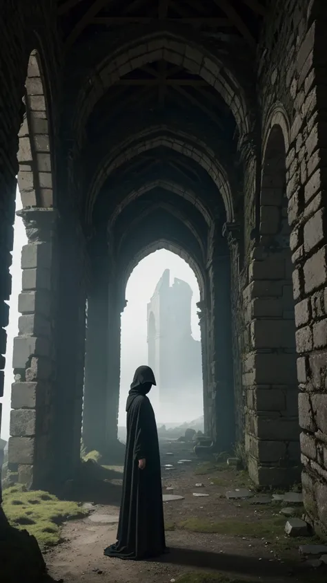 solitary figure wearing flowing lightweight black garments and a clearly visible balaclava, amidst the ruins of an old, dilapidated castle, broken stone walls and arches, moss-covered stones, foggy ambiance, aura of mystery and loneliness, suspenseful and ...