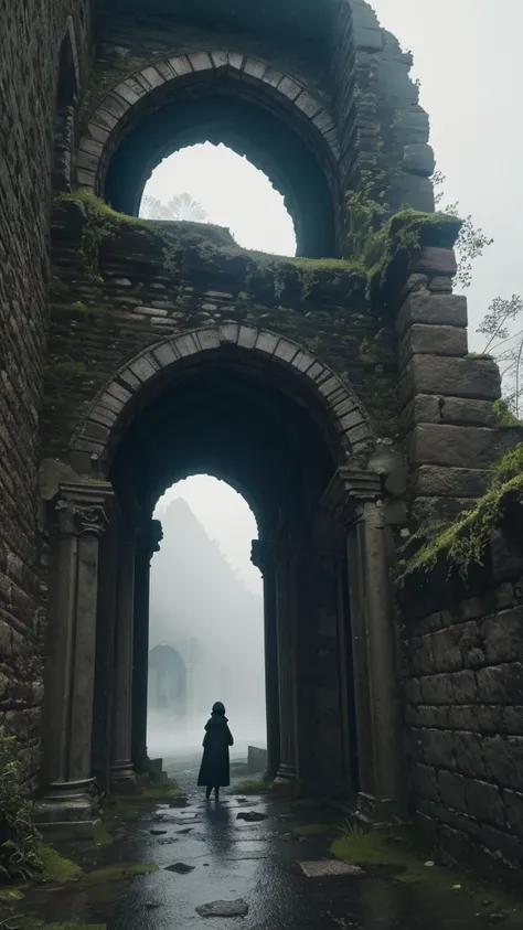 solitary figure wearing flowing lightweight black garments and a clearly visible balaclava, amidst the ruins of an old, dilapidated castle, broken stone walls and arches, moss-covered stones, foggy ambiance, aura of mystery and loneliness, suspenseful and ...