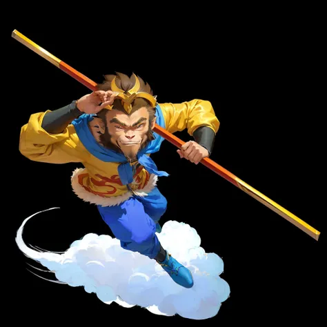 Cartoon image of man in jacket and blue pants holding pole, sun wukong, wukong, Sun Wukong, The character is flying, hold head high, Smart monkey with long knife, Humanoid monkey fantasy race, Journey to the West, mana in the air, Headquarters Artwork, ava...