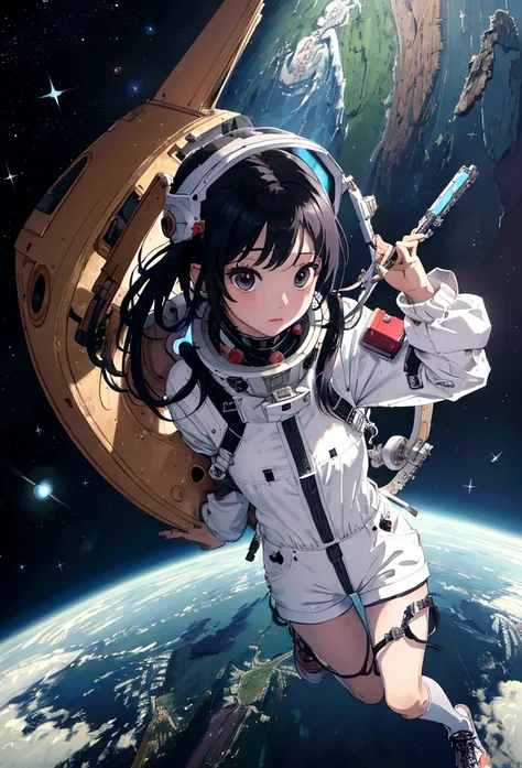 Ridiculous resolution, high resolution, (masterpiece:1.4), Extremely detailed, 1 Girl, in spacesuit, Look from above, space, floating, satellite, Running posture, Wide-angle lens distortion