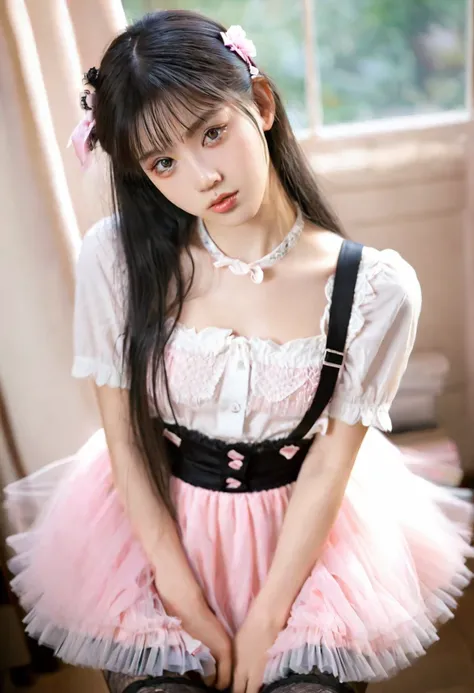 Wear a pink tulle suspender dress,Beautiful girl in black lace stockings, Lovely, Light long hair, Short strap, Depth of Field, high resolution, Ultra Detail, Fine details, Very detailed,,Sharp pupils, Realistic students, 