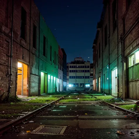 An abandoned factory in the middle of the city at midnight, hiperrealista, con un letrero que diga factory, el color principal es el aqua