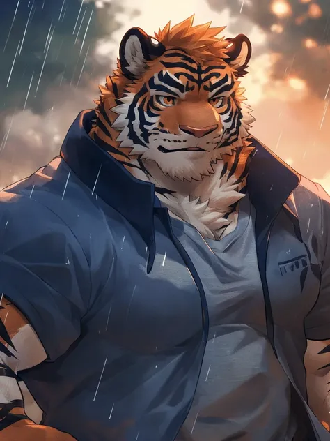 human nature, Wildlife, male,18 years old， solitary, ((Round Face, The face is plump,Orange eyes,Thick orange hair，With scars)), ((Endomorph, Handsome，Hot Blood)), (Sportswear，Light blue and white coat，Wear a sports cap), ((domestic tiger, tiger，) Fluffy f...