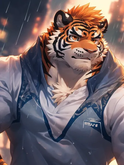 human nature, Wildlife, male,18 years old， solitary, ((Round Face, The face is plump,Orange eyes,Thick orange hair，With scars)), ((Endomorph, Handsome，Hot Blood)), (Sportswear，Light blue and white coat，Wear a sports cap), ((domestic tiger, tiger，) Fluffy f...