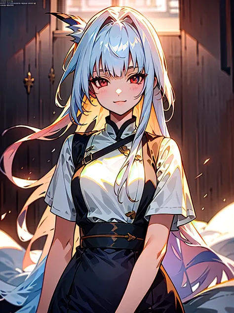 Full body, gray hair, (Dragoon: 1.2), Brantovan, masterpiece, top quality, official art, very elaborate CG Unity 8K wallpaper, for girls, ultra high resolution,), golden hour lighting, sweater dress, (upper body), (silver longhair: 0.8), (puffy eyes), look...