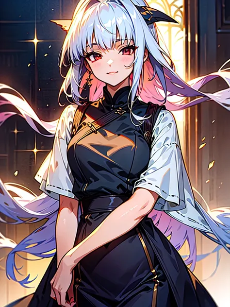 Full body, gray hair, (Dragoon: 1.2), Brantovan, masterpiece, top quality, official art, very elaborate CG Unity 8K wallpaper, for girls, ultra high resolution,), golden hour lighting, sweater dress, (upper body), (silver longhair: 0.8), (puffy eyes), look...