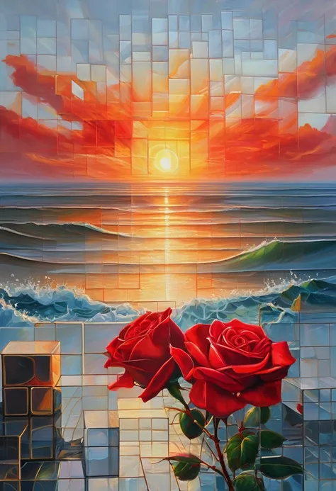 An oil painting，sunrise，Ocean，horizon，peaceful，transparent cubes，Red Rose，story