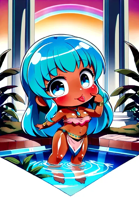 score_9, score_8_up, score_7_up, lum, solo, retro artstyle, 1980s style, breasts, blue eyes, eyeshadow, green hair, bangs, aqua hair, dynamic angle, large breasts, large ass, little tribal,(((little,small tiny body,chibi,small))),(((6 years old))),(((1 tod...