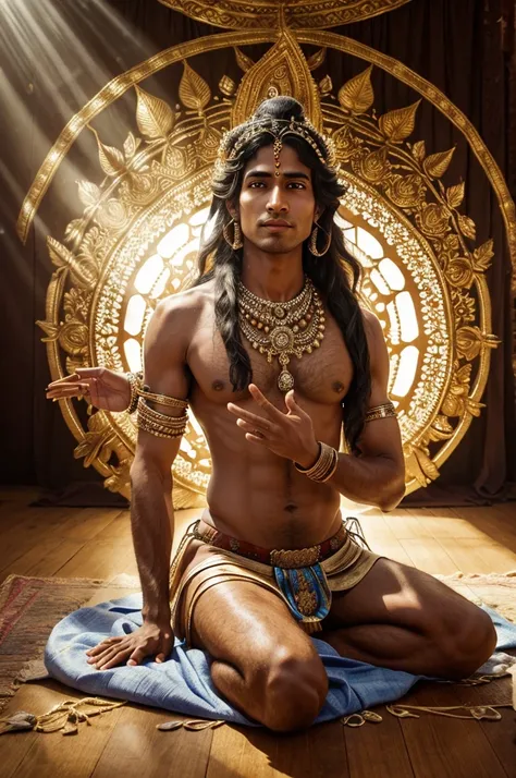 Lord Shivas attire is simple yet regal: a loincloth woven from the fabric of the cosmos itself, adorned with celestial ornaments that glimmer softly in the filtered sunlight. His right hand is raised in the gesture of abhaya mudra, bestowing fearlessness u...