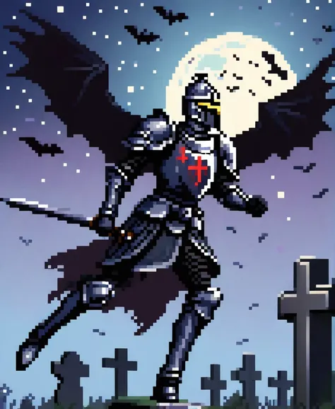 gothic black knight injured flying to the night sky in a cemetery
