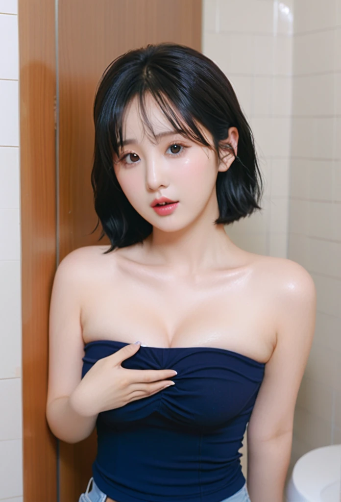 close-up of beautiful South Korean, Eunha is a VIVIZ korean pop girl group, youthful face, white skin body, perfect body, rapunzel long hair, black hair, straight hair, bust size 34 inches, wearing a tight plain dark blue strapless tube top, wearing a tigh...