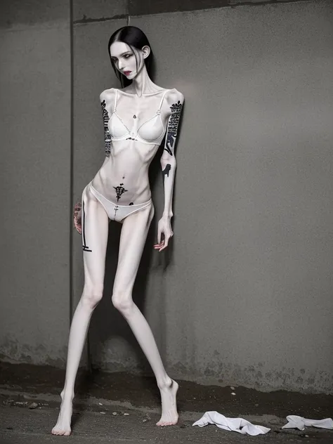 a woman, very thin body, body visible bones, very slender, pale white skin, panties, bra,tatto, full body, has a mental breakdown in an underground prison, sweaty weat body