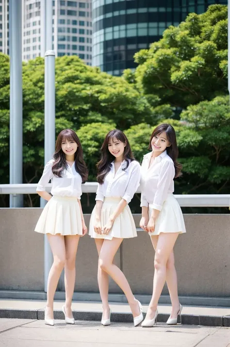 three japanese women wearing white shirts and short tight skirts pose for a photograph、facing forward、long legs、sleek legs、(high...