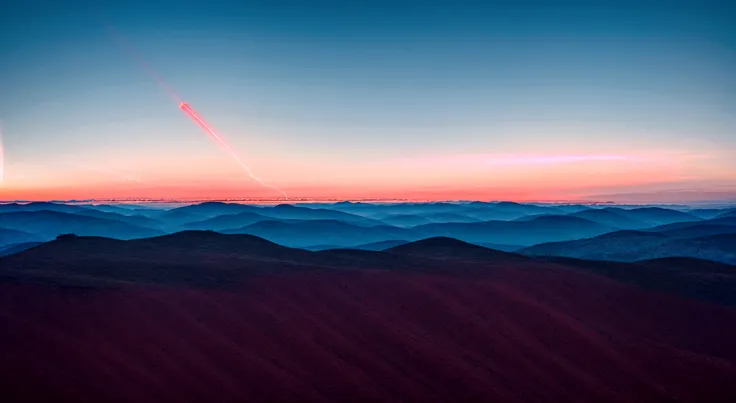 a vibrant red beam of light splitting the distant sky and a flat horizon, between the skyline and the even mountain range, with a dramatic atmosphere, a shine red line