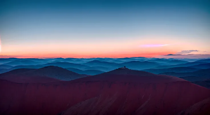 a vibrant red beam of light splitting the distant sky and a flat horizon, between the skyline and the even mountain range, with a dramatic atmosphere, a shine red line