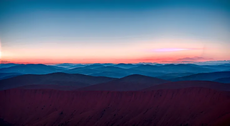 a vibrant red beam of light splitting the distant sky and a flat horizon, between the skyline and the even mountain range, with a dramatic atmosphere, a shine red line