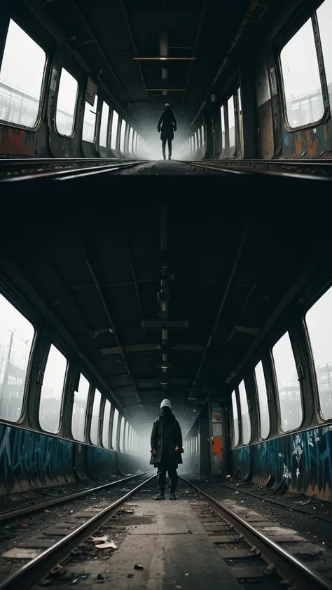 solitary figure wearing flowing lightweight black garments and a clearly visible balaclava, on a deserted, dilapidated train station platform, rusty tracks and overgrown weeds, shattered windows and graffiti, foggy ambiance, aura of mystery and loneliness,...