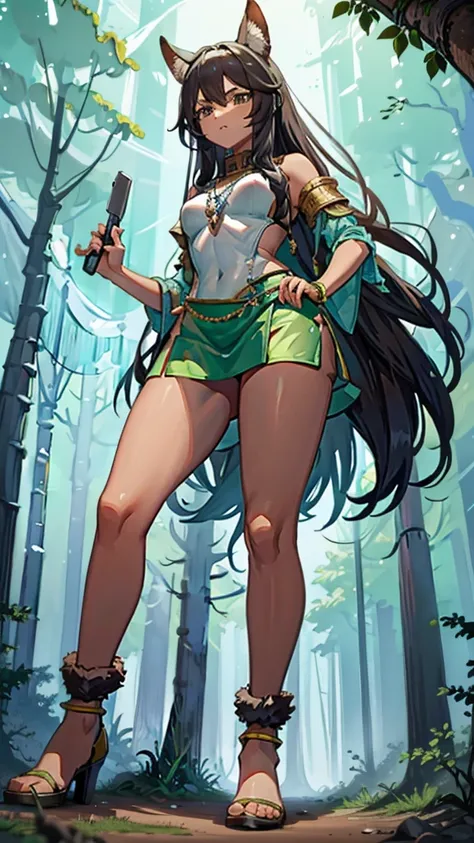 In a forest of large trees there is an even larger Amazonian giantess, with brown skin, black hair, thin, with clothes of the forest, and with very long legs, she is looking for small human invaders of the forest to destroy them so that they do not disturb...