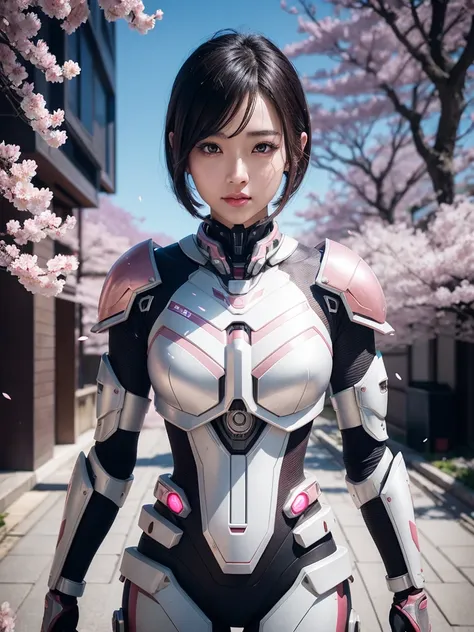 beautiful japanese young woman, wearing cyborg armor, thick symmetrical features, very short hair, background is cherry blossoms, pink aura, red lips, octane render,