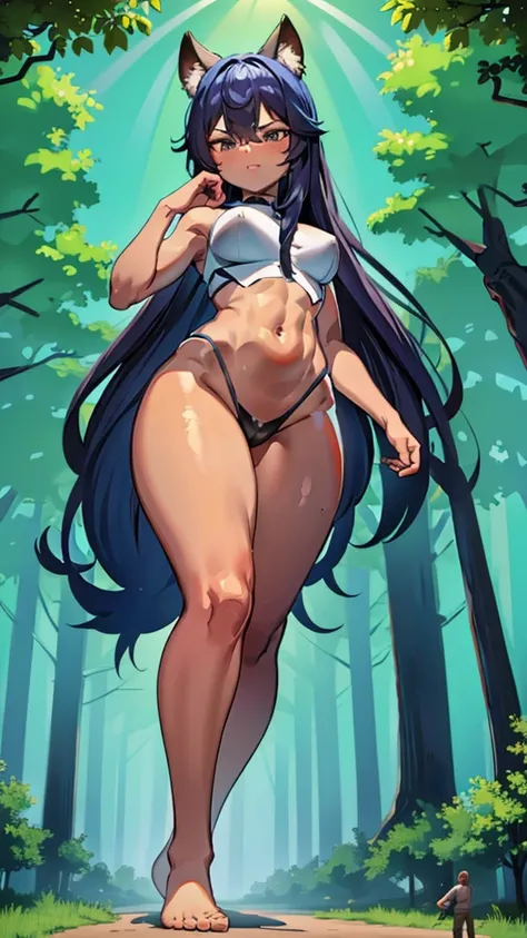 In a forest of large trees there is an even larger Amazonian giantess, with brown skin, black hair, thin, with clothes of the forest, and with very long legs, she is looking for small human invaders of the forest to destroy them so that they do not disturb...