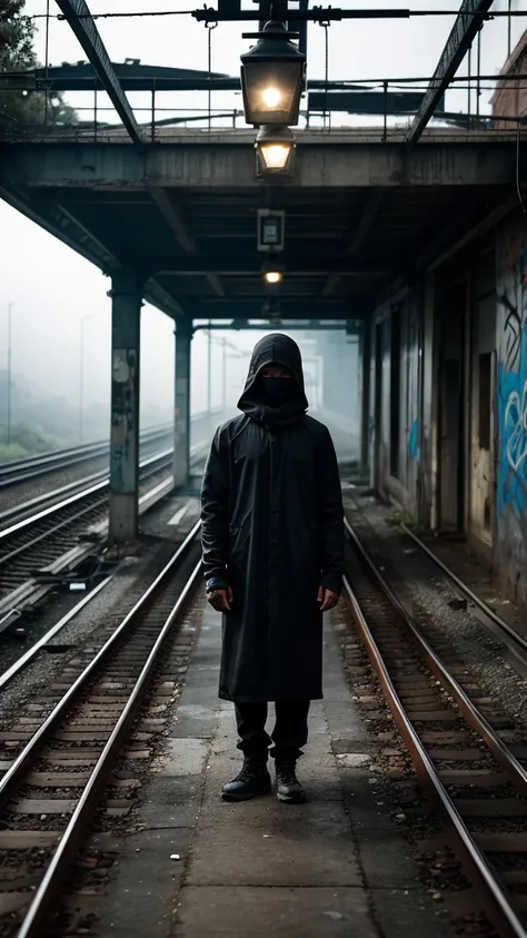 solitary figure wearing flowing lightweight black garments and a clearly visible balaclava, on a deserted, dilapidated train station platform, rusty tracks and overgrown weeds, shattered windows and graffiti, foggy ambiance, aura of mystery and loneliness,...