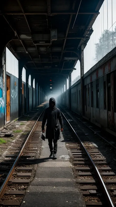 solitary figure wearing flowing lightweight black garments and a clearly visible balaclava, on a deserted, dilapidated train station platform, rusty tracks and overgrown weeds, shattered windows and graffiti, foggy ambiance, aura of mystery and loneliness,...