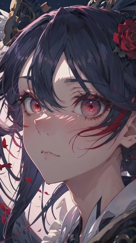 anime girl Red eyesで and a rose in her hair, Gothic Maiden Anime Girl, Red eyesで, Anime Style 4k, Stunning Anime Face Portraits, Beautiful anime faces, Beautiful anime style, Anime-style illustrations, Detailed portrait of an anime girl, Anime style portra...