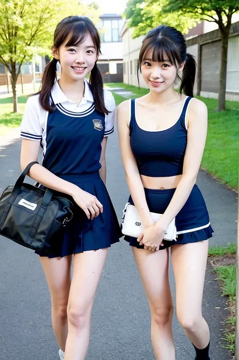 girls walking in sunny school yard,navy blue school swimsuit with white trim,swim bag,18-year-old,bangs,a little smile,thighs,knees,short hair with low pigtails bunches,from before,front light