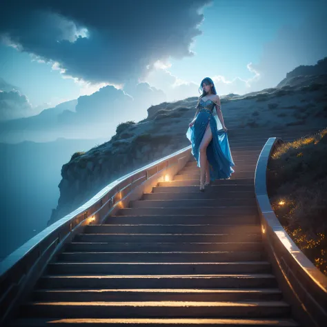 a mystical blue lady walking on golden stairs amid glowing clouds, under a sky melting with tears, in the shadow of stars sleeping in a sea of pearls, highly detailed, cinematic, dramatic lighting, ethereal, fantasy, dreamlike, muted colors, soft focus, vo...