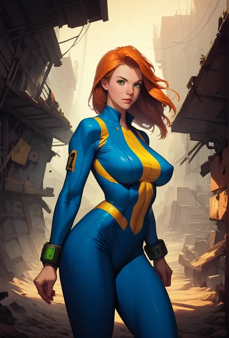 score_9, score_8_up, score_7_up, score_6_up, explore, 1girl, solo, woman, mature_female, muscular, green eyes, sam (totally spies), orange hair, long hair, fallout vault suit, blue and yellow, (big bracelet with square screen on 1wrist), deserted town, wes...