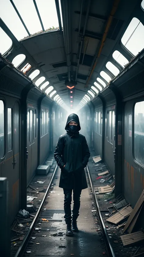 solitary figure wearing flowing lightweight black garments and a clearly visible balaclava, on a deserted, dilapidated train station platform, rusty tracks and overgrown weeds, shattered windows and graffiti, foggy ambiance, aura of mystery and loneliness,...