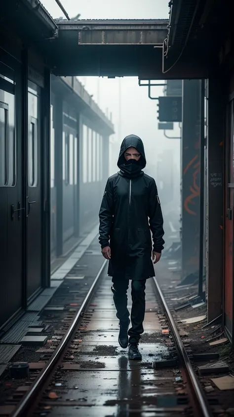 solitary figure wearing flowing lightweight black garments and a clearly visible balaclava, on a deserted, dilapidated train station platform, rusty tracks and overgrown weeds, shattered windows and graffiti, foggy ambiance, aura of mystery and loneliness,...