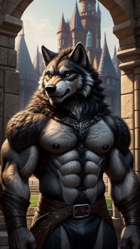 a man with a wolfs body and a sword in front of a castle, muscular werewolf, hairy chest, hairy wolf, Fluffy chest, furry fantasy art, anthropomorphic wolf male, thick hairy neck and fluff on the chest, Super strong and cool, a den wolf, hairy body, an ant...