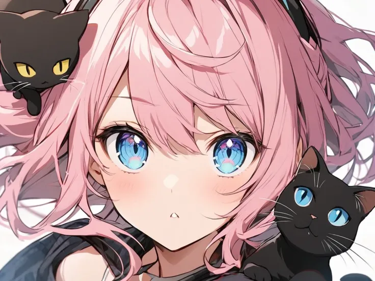 Girl with cat, Black cat, Pink Hair、blue eyes, Avatar