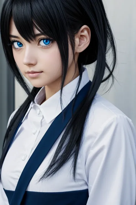 Create a girl from Boku no hiro academia with black hair and blue eyes
