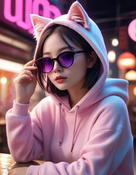 In a strange and lovely cafe, Furry kitten, crafted from Very detailed curling, Thin glowing colored smoke, Wear a rose hoodie，Wear Fashion、interesting、Giant shiny sunglasses. Against a backdrop of energetic neon format spelling VIKUSIA, Fainoho Today, Cap...