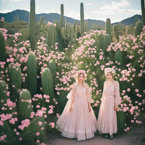 among the cactus flowers, effeminate and delicate devils dressed in womens clothing, in the style of Leonora carrigton
