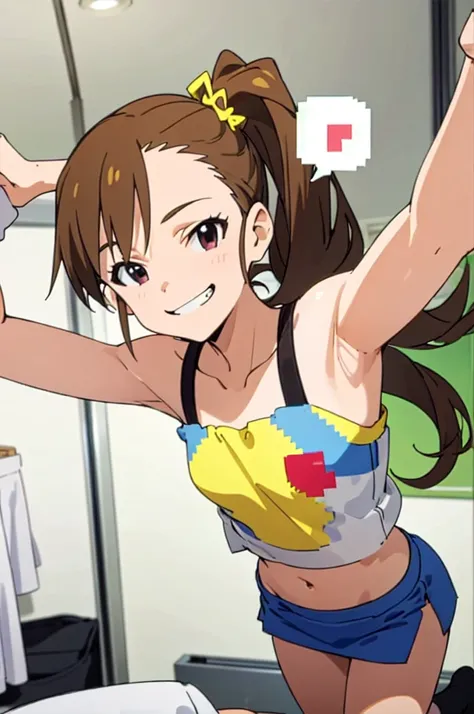 (((pixel-perfect, detail-perfect))), solo, 1girl, mami futami, camisole,armpit,miniskirt,socks,navel,tongue (symbol), , looking at viewer, smile, grin,my room,