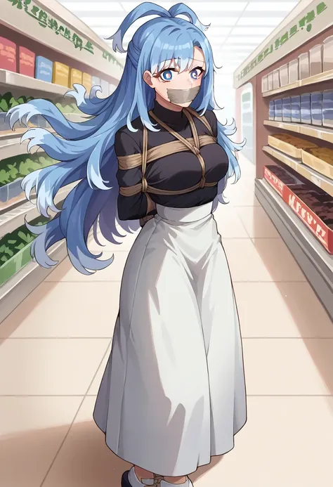 score_9, score_8_up, source_anime, 1girl, solo, KoboKanaeru, blue eyes, long hair, blue hair, colored tips, white hair, high-waist skirt, long skirt, white skirt, black shirt, long sleeves, , standing, indoors, shopping mall, (bound with an excessive amoun...