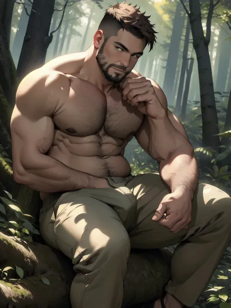 Best quality, masterpiece, expressionless, super high resolution, detailed background, realistic, 1 person, solo, male, muscular, slightly fat, mature male, short hair, facial hair, sitting, tree, forest, real shadow and light, depth of field, chest, under...